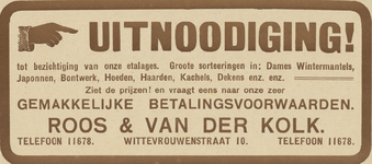 717224 Advertentie van de firma Roos & van der Kolk, 'op afbetaling', Wittevrouwenstraat 10 te Utrecht.